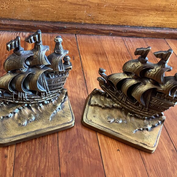 Vintage BOOK ENDS Philadelphia Mfg. Co. Cast Iron w/ Bronzed Finish Sailing Ship - Picture 6 of 12